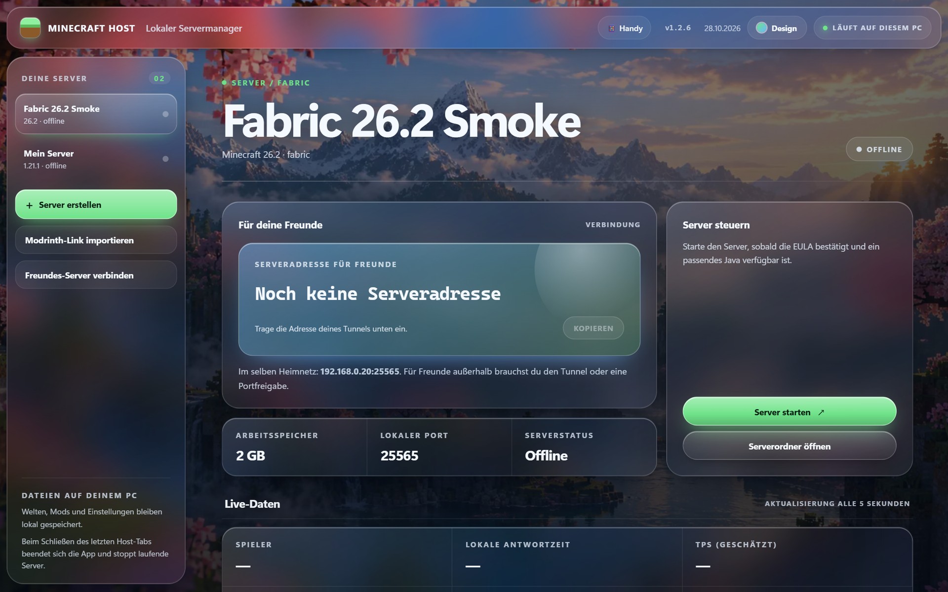 Minecraft Host: Serverübersicht mit Serversteuerung, Verbindung und Live-Daten