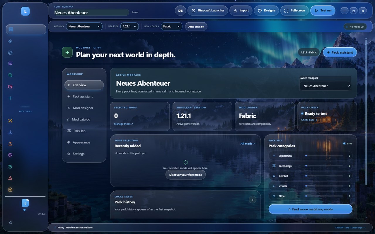 Modspire: Übersicht eines Modpacks mit Projektnavigation und Mod-Kategorien