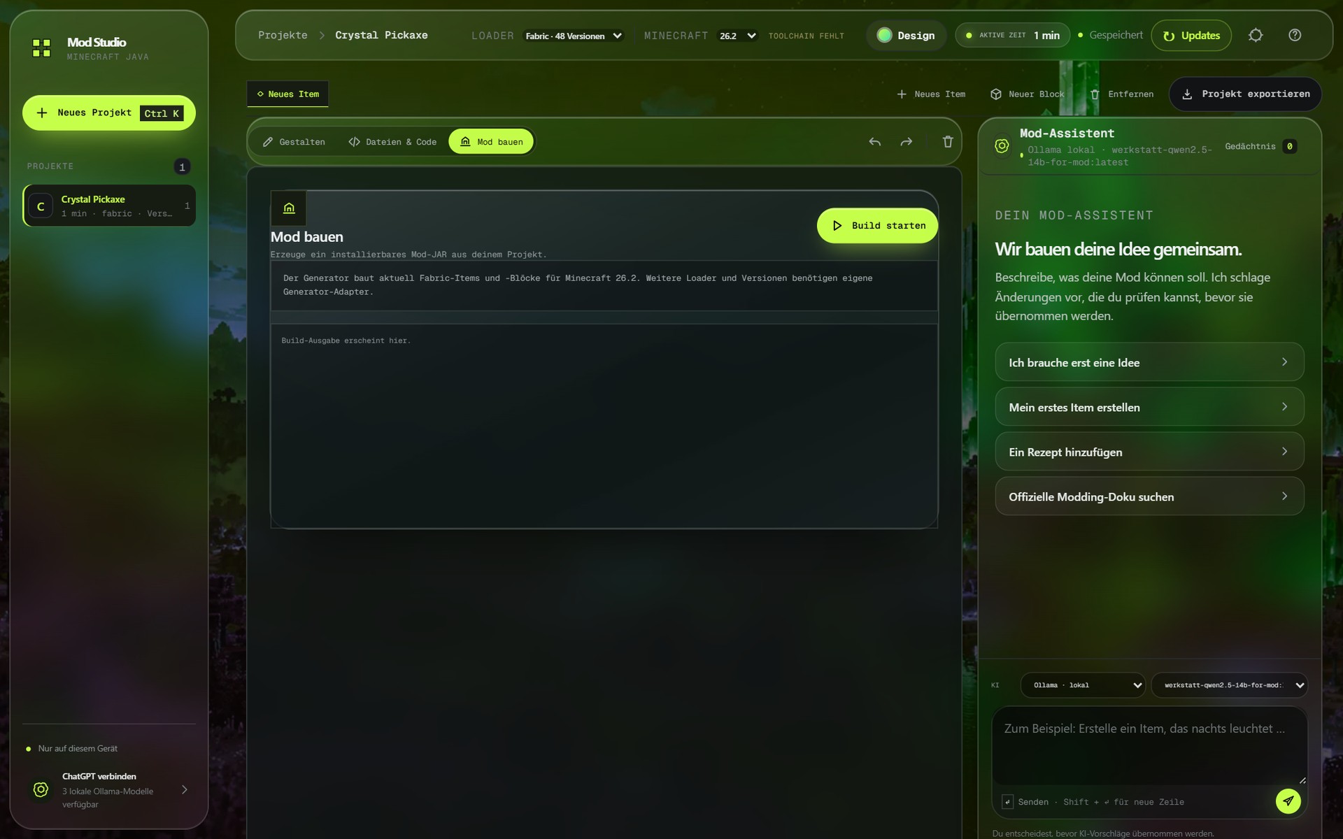 Build-Bereich von Mod Studio mit Build starten und Mod-Assistent