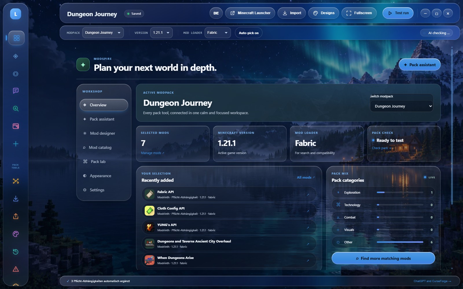 Modspire: Übersicht eines Modpacks mit Projektnavigation und Mod-Kategorien