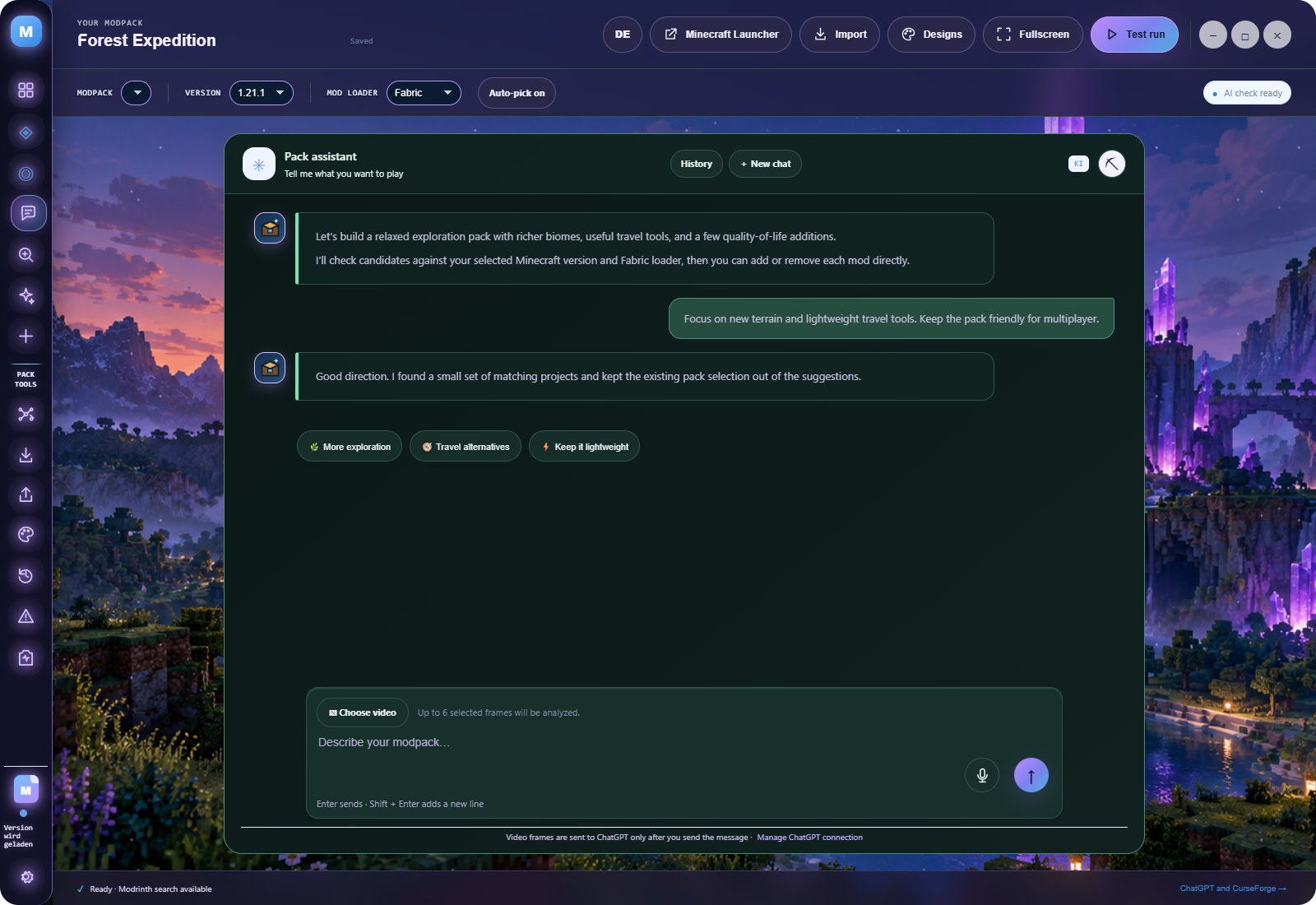 Real Modspire Pack Assistant screen over a Minecraft world background