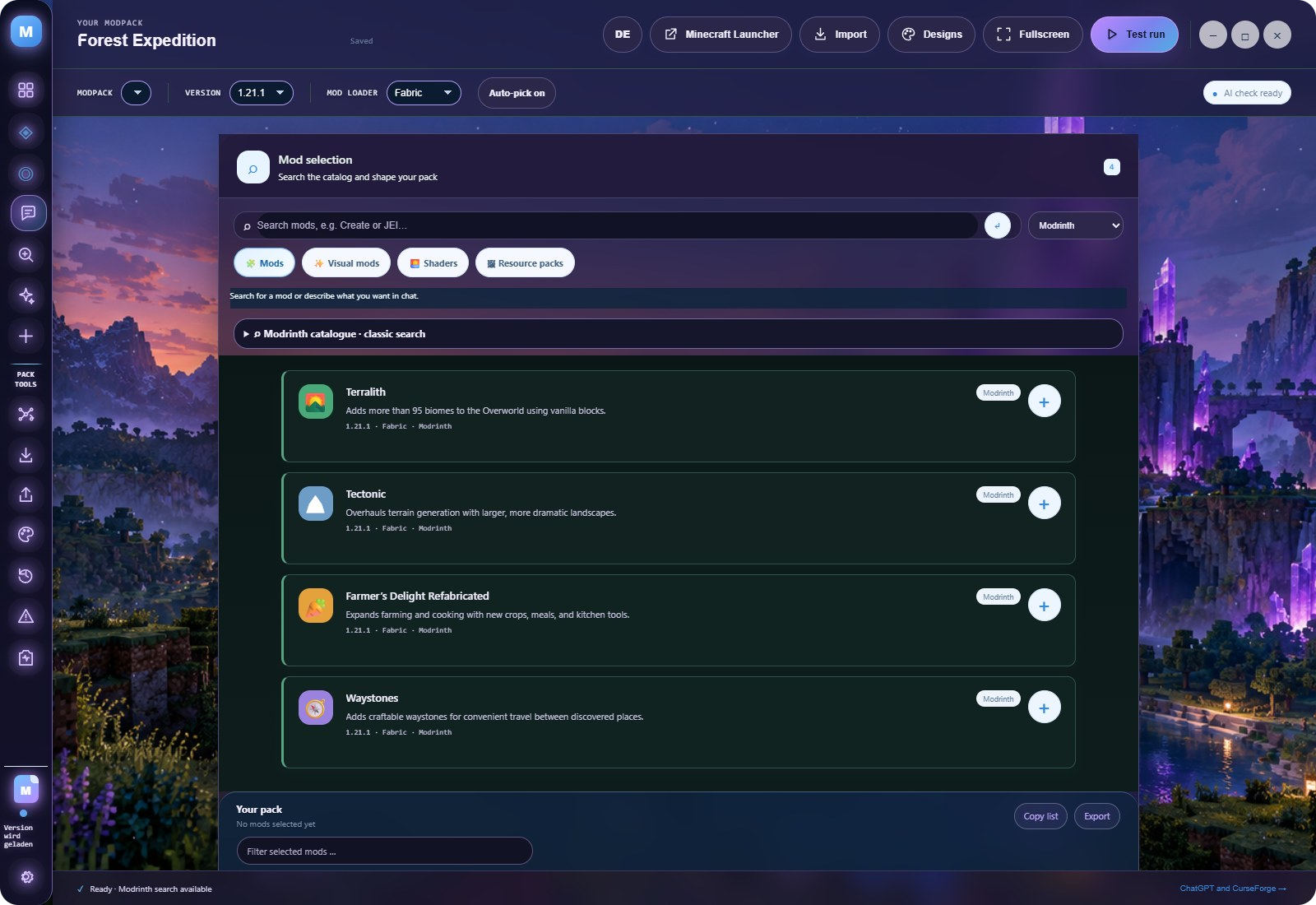 Real Modrinth catalog and selection screen from Modspire